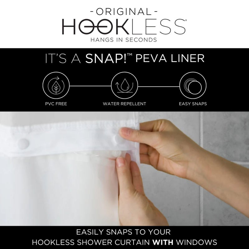 Hookless It's a Snap Satin Stripe Shower Curtain, 3-in-1 Shower Curtain Includes Fabric Shower Curtain with Sheer Top Window, Flex-On Rings & PEVA Liner, 71" x 74", Bright White - Image 5